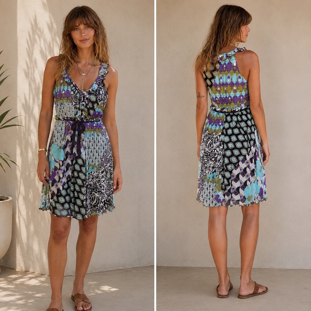 Y2K Boho Patchwork Dress Womens Size 2 Mesh Overlay Festival Ruffle Retro Indie